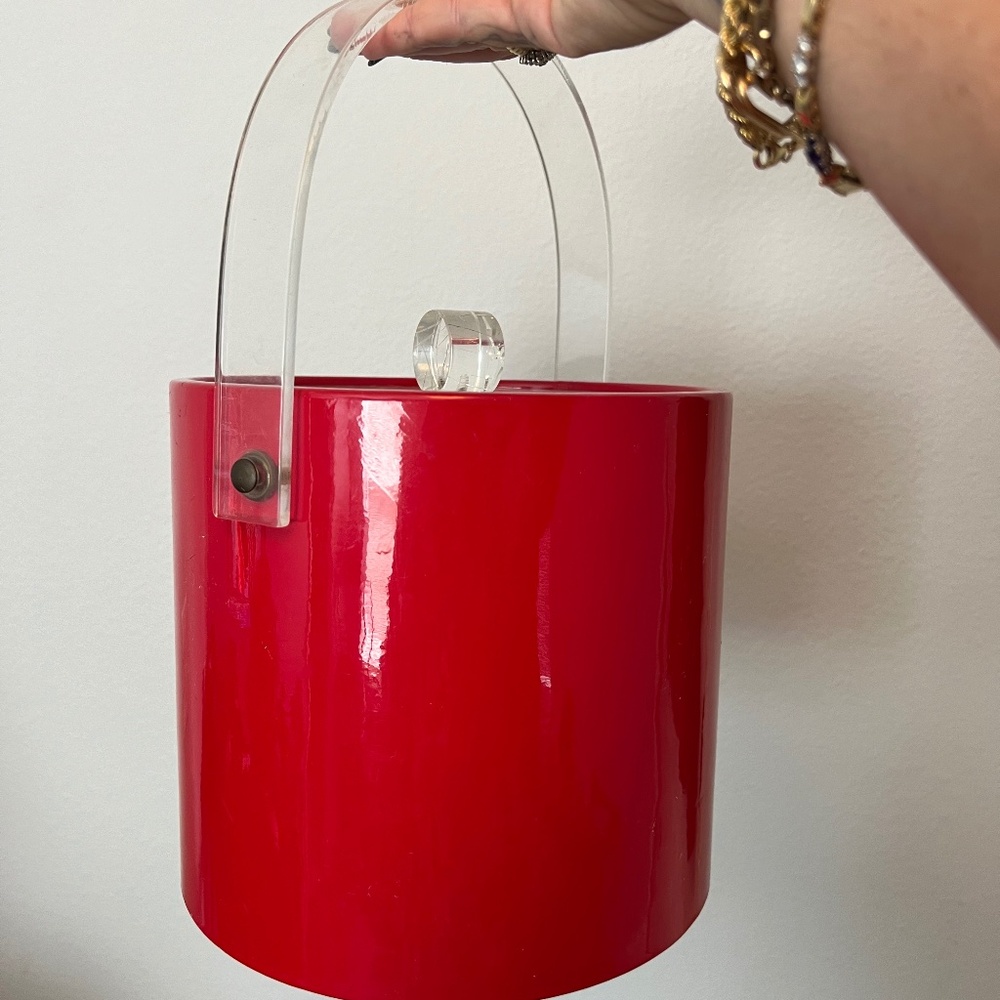 MCM Shelton-Ware Retro RED Ice Bucket W Clear Lucite Lid & Handle